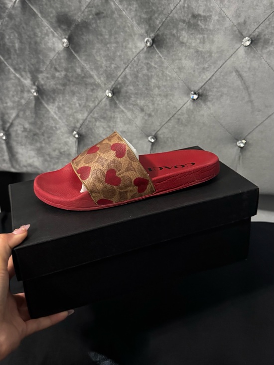 Coach Shoes - Coach Red & brown slides with hearts